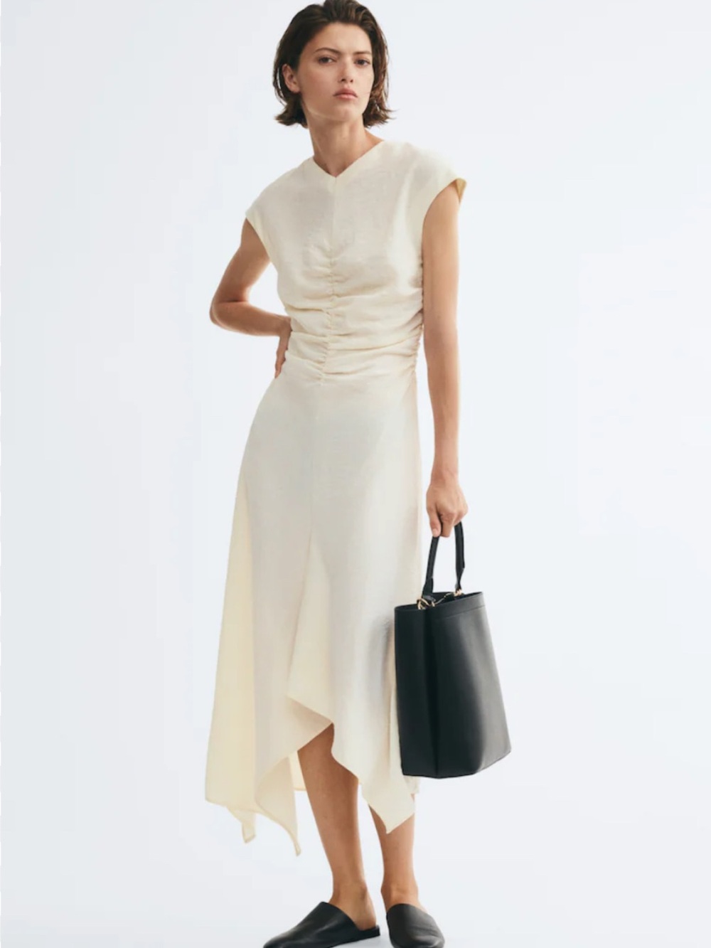 H&M Cream Ruched Waist Asymmetrical Hem Dress size xs
